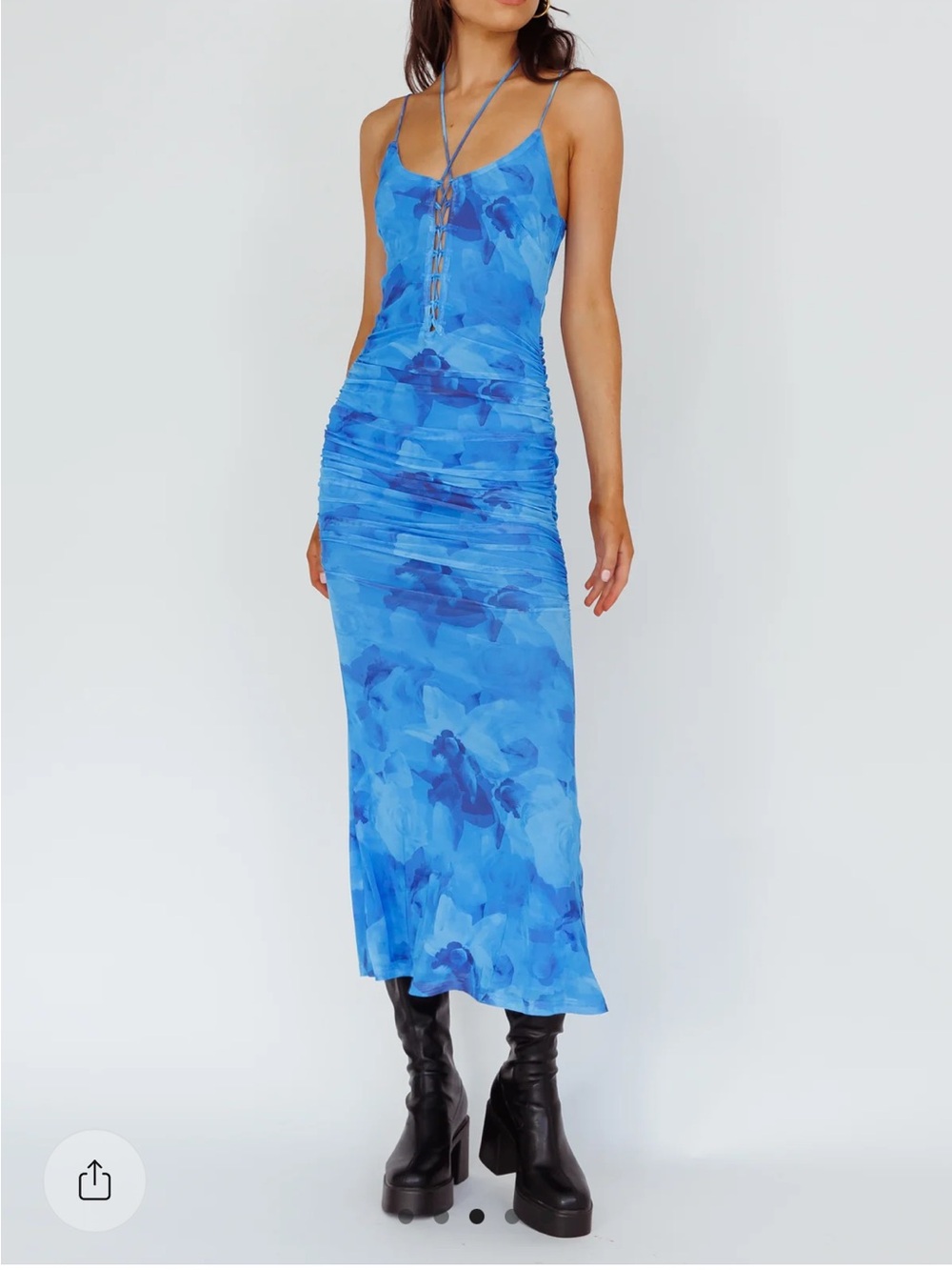 NWT Selfie Leslie Mesh Blue Floral Lace-Up Ruched Slip Dress